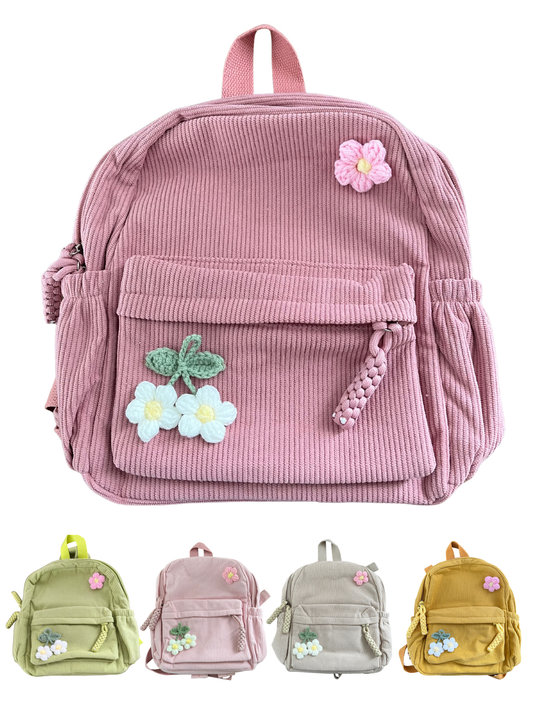Corduroy Toddler & Child Backpack with Hand-Sewn Flower Details