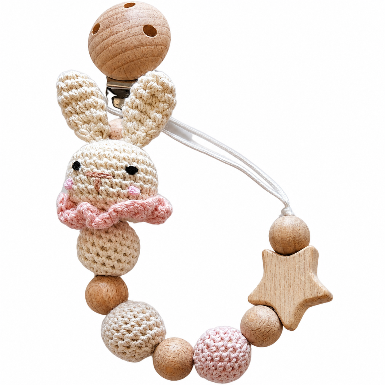 Hand-Crocheted Pacifier Clip Chain- Pink Bunny